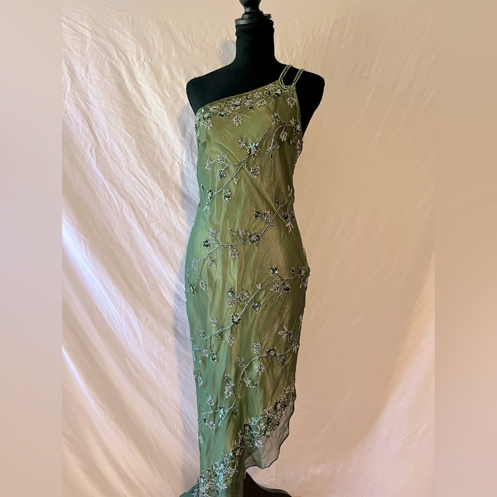 Asymmetric Beaded Green Evening Dress